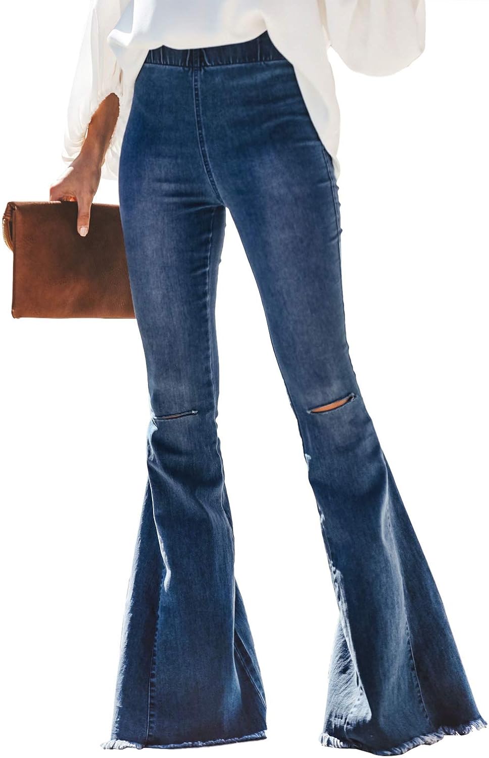 Sidefeel Women Destoryed Flare Jeans Elastic Waist Bell Bottom Raw Hem Denim Pants at  Women's Jeans store