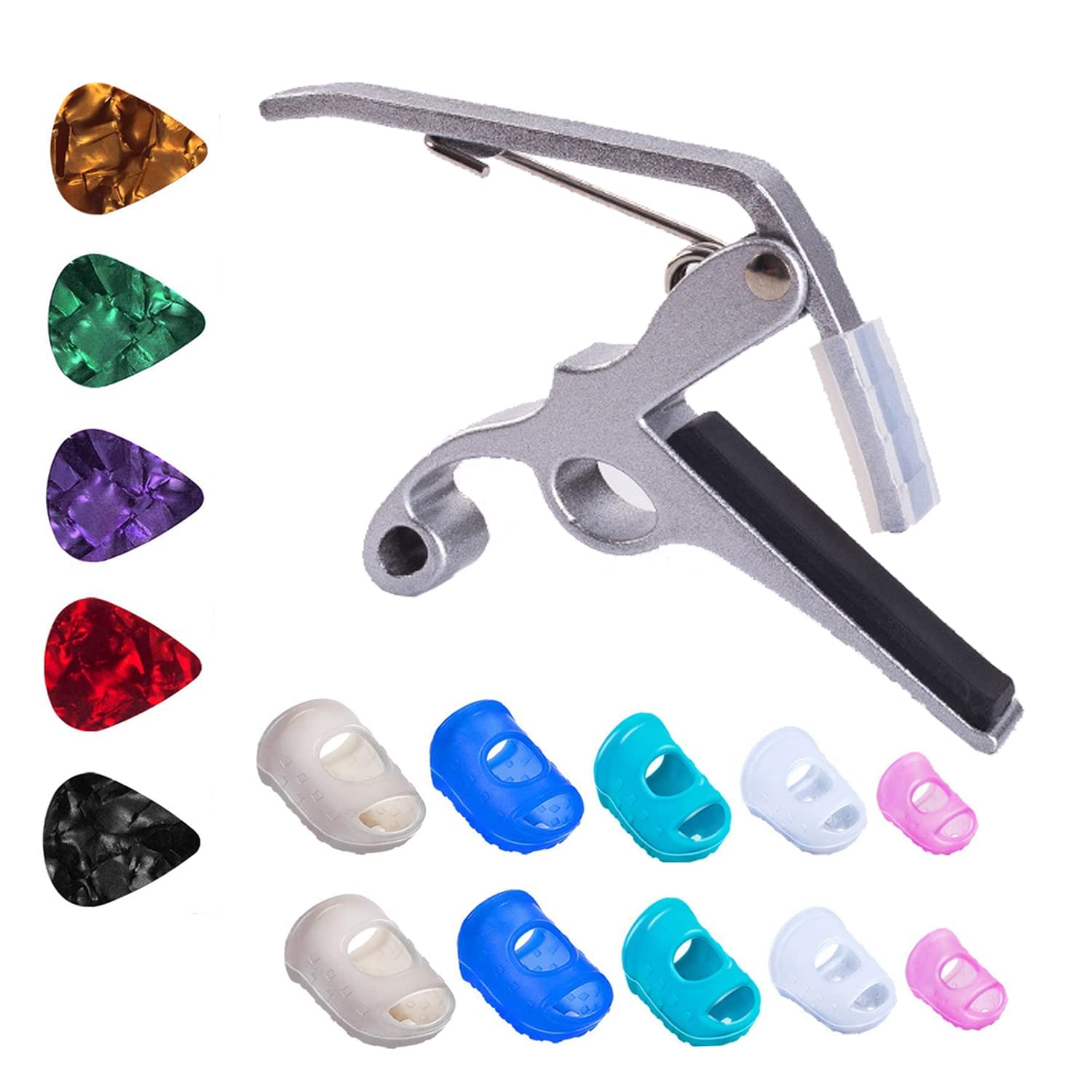 Capo with Guitar Fingertip Protectors & Thumb Finger Picks,Fingertip Protection Covers Caps for Stringed Instruments