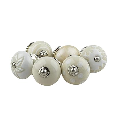 Möbelknopf Möbelknauf Möbelgriff 6er Set 073GN 72-E Perforiert Kreise Punkte Weiß Creme Beige - Jay Knopf Keramik Porzellan h