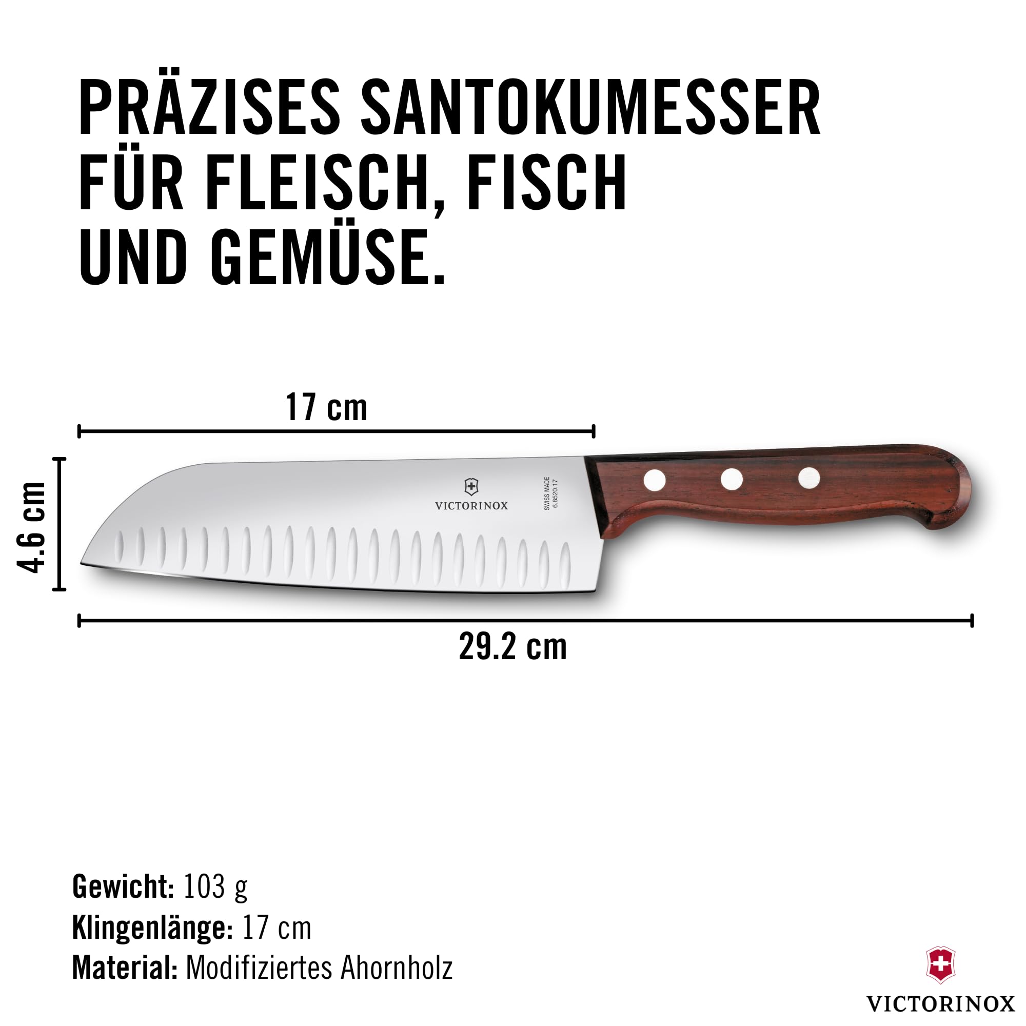 Victorinox Wood Santokumesser, Japanisches Kochmesser, 17 cm, Kullenschliff 3