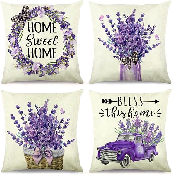 BAOKU Cushion Covers 45x45 cm Pillow Covers Spring Decorative Home Decor for Bed Couch Sofa Bedroom Office Pack of 4 Purple flowers Pattern Linen Pillowcase
