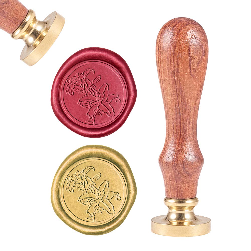 CRASPIRE Wax Seal Stamp, Sealing Wax Stamps Greenish Lily Flower Retro Wood Stamp Wax Seal 25mm Removable Brass Seal Wood Handle for Envelopes Invitations Wedding Embellishment Bottle Decoration