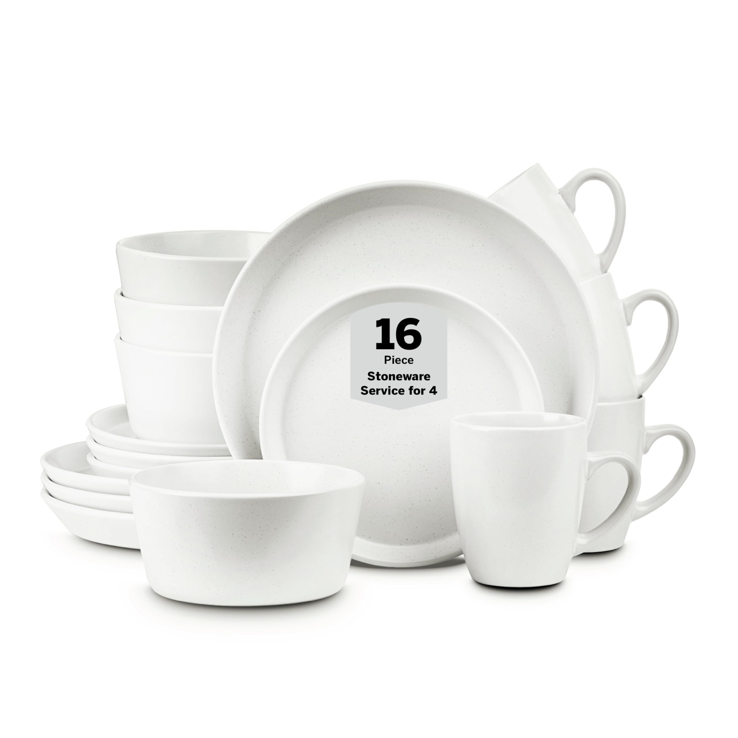 Stone Lain Albie Stoneware 16 Piece Modern Dinnerware Set, Plates and Bowls Sets, Service for 4, White Speckled, Microwave & Dishwasher Safe Image