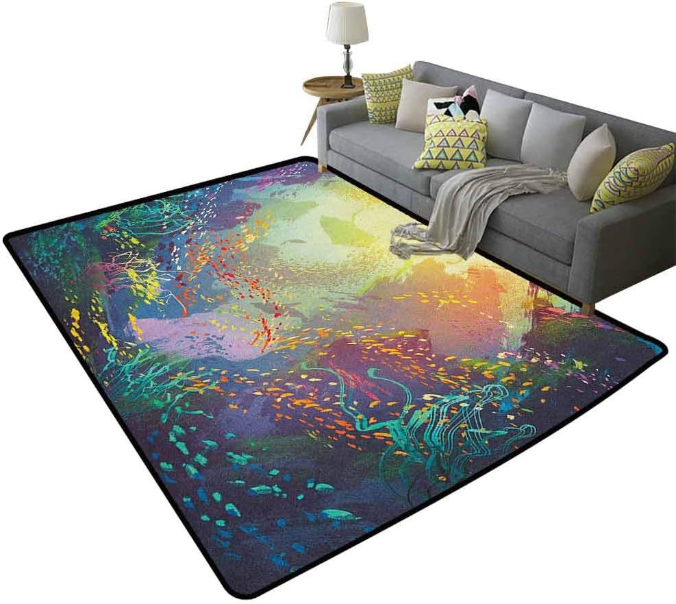 Sea Animals Modern Rugs for Floor Underwater with Coral Reef and Colorful Fish Aquarium Artistic PrintEuropean Modern Comfortable Carpet Turquoise Yellow Pink 63 x 94 Inch