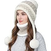 HUAMULAN Women Winter Beanie Hat Circle Scarf Set Pompoms Ski Snow Ear Flaps Sherpa Knit Hats Neck Warmer Set