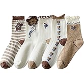 CazDopaM Woman Crew Socks Casual Cotton Cute Socks 5 Pairs Flower Retro Socks