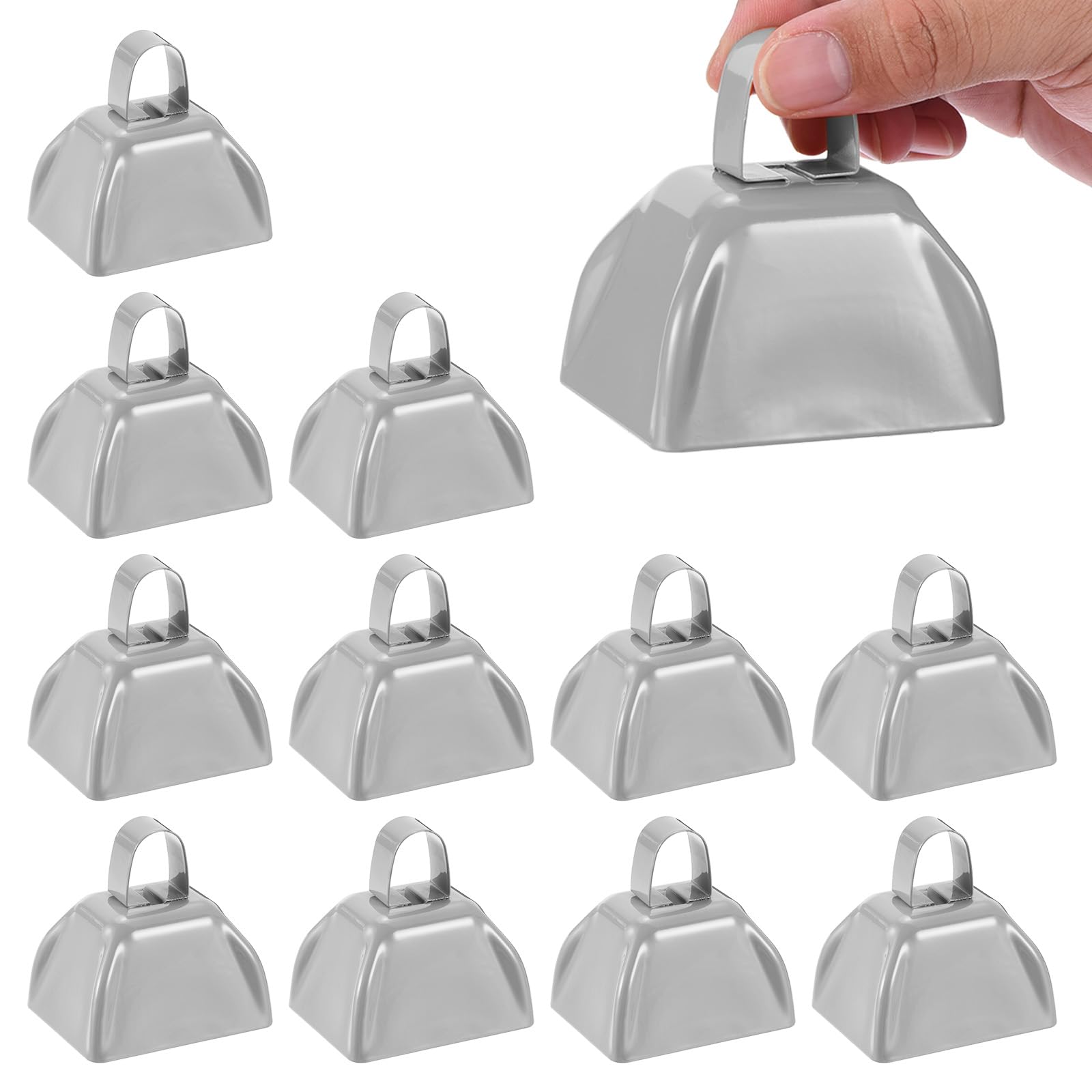 PATIKIL 12pcs Cow Bells for Football Games, 3inch Cowbells for Sporting Events Bulk Loud Noise Makers Metal Cow Bell with Handle for Cheering Wedding,Silvery
