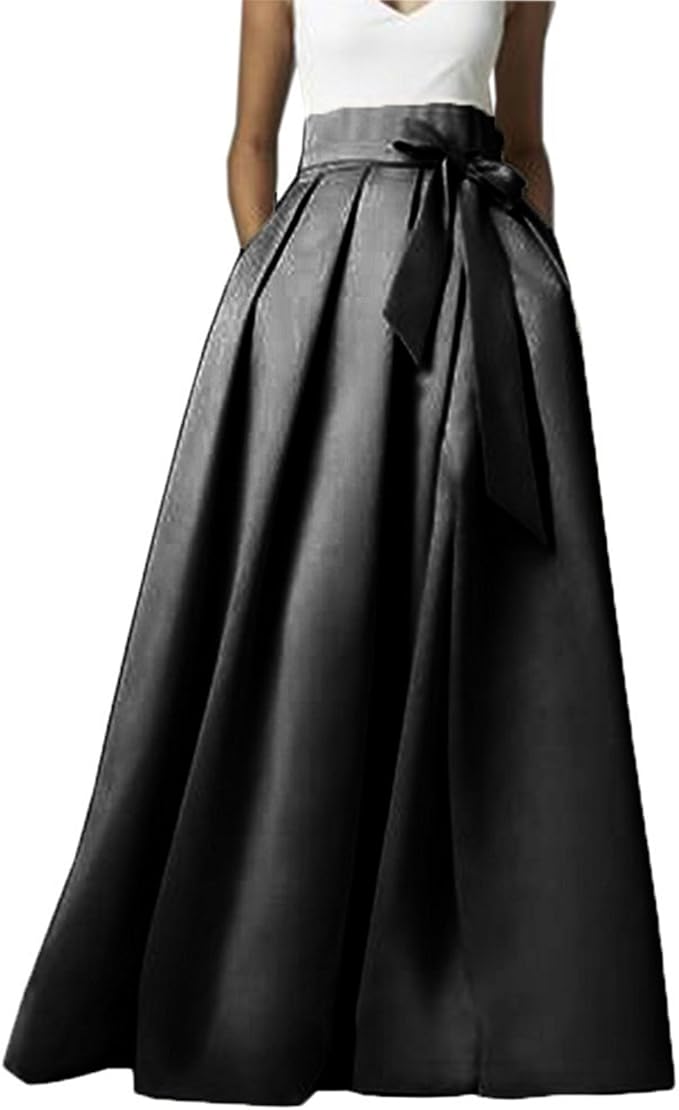 Omelas Womens Long Floor Length Pleated Skirt High Waisted Maxi A Line Party Evening Dress