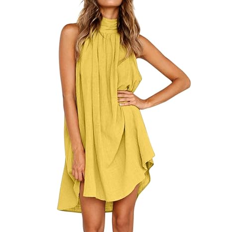 Frauen Sommer Baumwolle Leinen Kleid LASltd Damen Neckholder Ärmelloses Kleid Solid Casual Kleid Abend Party Kleid Chic Beach
