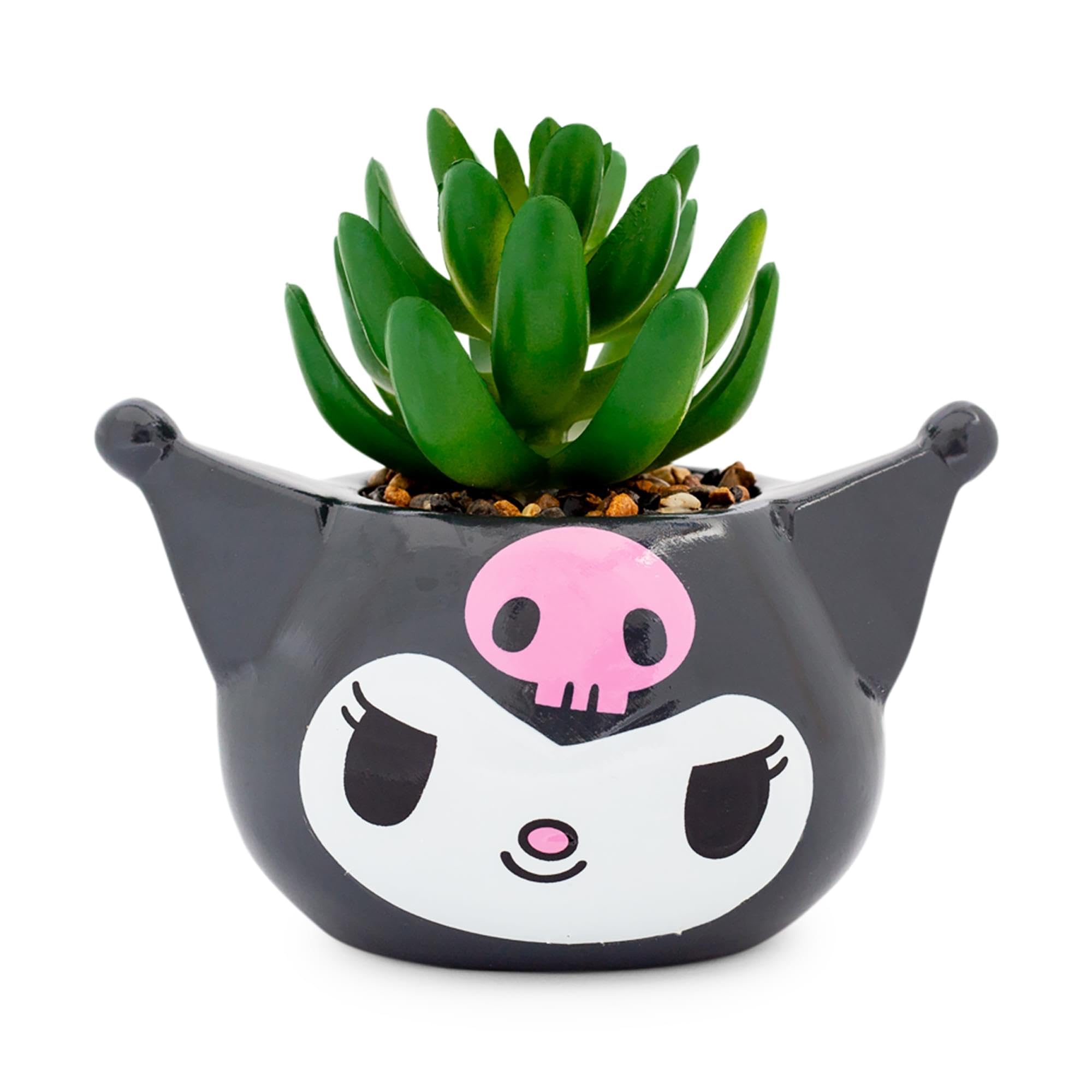 Toynk Sanrio Kuromi Smiling Head 3-Inch Ceramic Mini Planter With Artificial Succulent