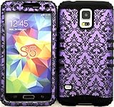 Wireless Fones TM Samsung Galaxy S5 Case Dual Layer Hybrid Impact Resistant Protective Case Purple Victorian Damask Flower on Over Black Skin