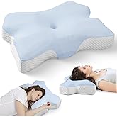 Cervical Neck Pillow for Pain Relief, Ergonomic Neck Support Pillow for Side Sleeper, Contour Memory Foam Pillows with Cooling Pillowcase Orthopedic Bed Pillow for Back Stomach Sleepers, Sky Blue