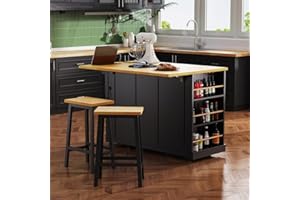 53 Inch Black Kitchen Island Set with 2 Bar Stools Drop Leaf Rolling Cabinet, Large Storage Cart Built-in Power Outlet 3 Draw