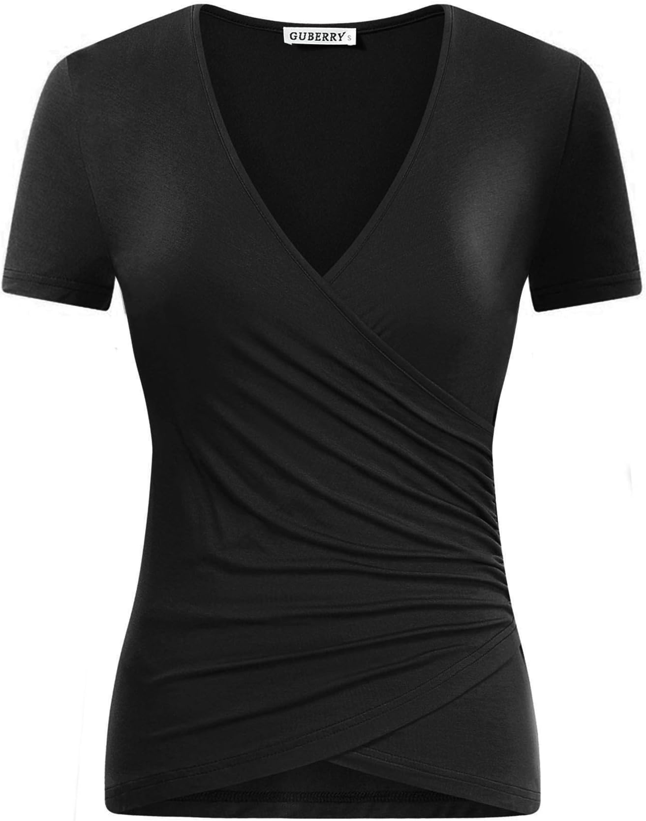 GUBERRYWomen's Deep V Neck Short Sleeve Unique Cross Wrap Sexy Slim Fit Tops
