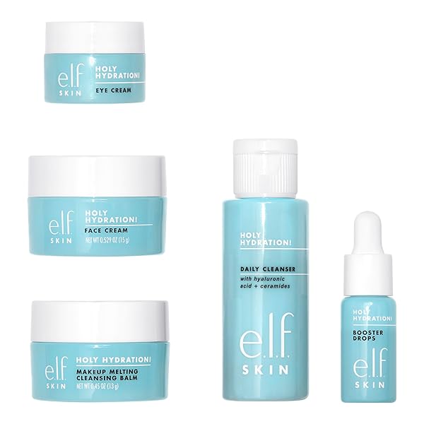 E.L.F. SKIN HOLY HYDRATION! HYDRATED EVER AFTER SKINCARE MINI KIT, CLEANSER, MAKEUP REMOVER, MOISTURISER & EYE CREAM FOR HYDRATING SKIN, AIRPLANE-FRIENDLY SIZES