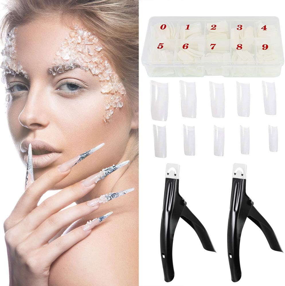EMAGEREN 500 Pieces Natural False Nails 10 Sizes Fake Nail French Style Nails Tips Artificial Fake Art Nails with 2 PCS Nail Tips Cutter Black False Nail Clipper for Women Girls DIY Home