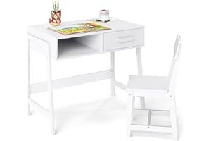 Costzon Kids Desk and Chair Set, Wooden Children's School Chair Set with Drawer, Pine Wood Legs, Student Writing Table Workst