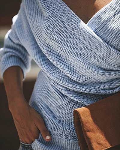 Imily Bela Womens Sexy Off Shoulder Sweater V Neck Wrap Pullover Loose Long Sleeve Jumper - Image 6