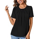 ALIGADUO Womens Summer Basic Chiffon Blouse Pleated Crewneck Shirts Casual Trendy Tops