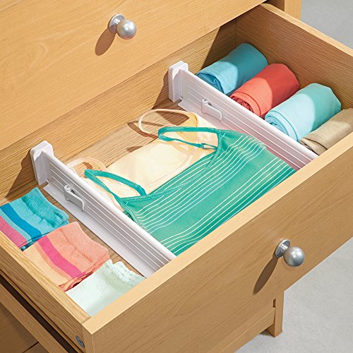 mDesign Adjustable, Expandable Drawer Organizer/Divider - Foam Ends, Strong Secure Hold, Locks in Place - for Bedroom, Bathroom, Closet, Office, Kitchen Drawer Storage - 2.5" - Pack of 4, White