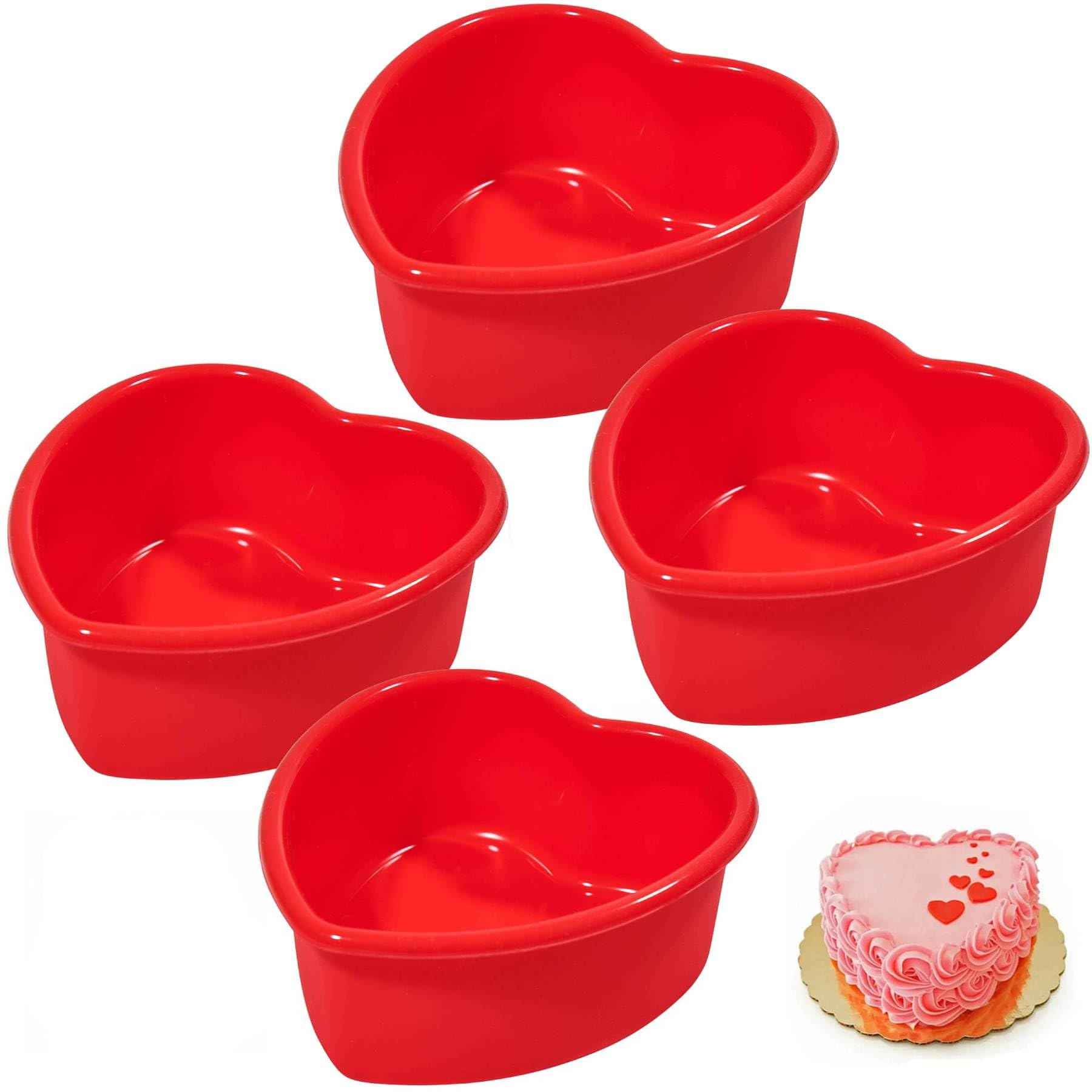 Photo 1 of 4-Pack Mini Heart Silicone Cake Mold - Nonstick Heart Shaped Molds for Valentine's Day, Anniversary, Birthday Cakes & More - Red