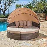 SUNCROWN Outdoor Patio Round Daybed with Retractable Canopy, Brown Wicker Furniture Clamshell Sectional Seating with Washable Cushions, Backyard, Porch, Pool