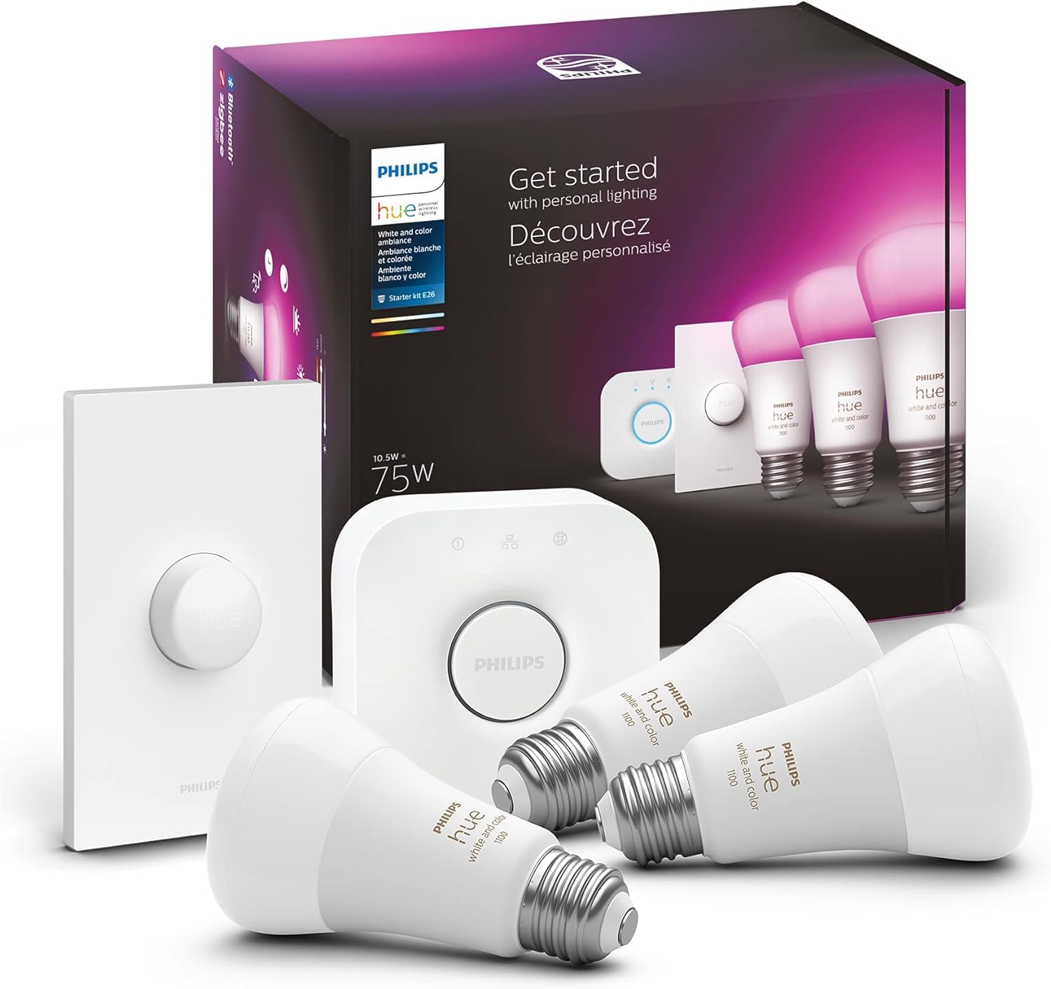 Photo 1 of Philips Hue Smart Light Starter Kit - Includes (1) Bridge, (1) Smart Button and (3) Smart 75W A19 LED Bulbs - White and Color Ambiance - 1100LM - E26 - Control with Hue App or Voice Assistant