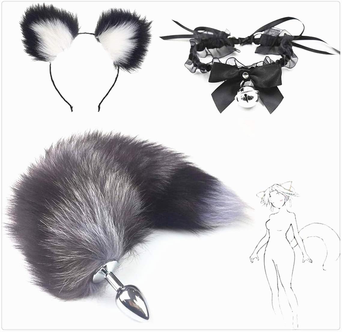 forocean💋3 Pcs Fluffy Faux Fox Tail B-ü~t`t Pl-ù`g T-ö-ys & Multicolor Plush Cat Ears Headband & Bell Lace Bow Tie Costume Body Massage Cosplay Props #5（Black M）