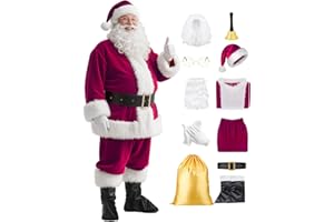 ZIW 11pcs Deluxe Santa Claus Costume Suit for Men Women Adults Christmas Outfit Xmas Velvet Coat with Bell Wine Red