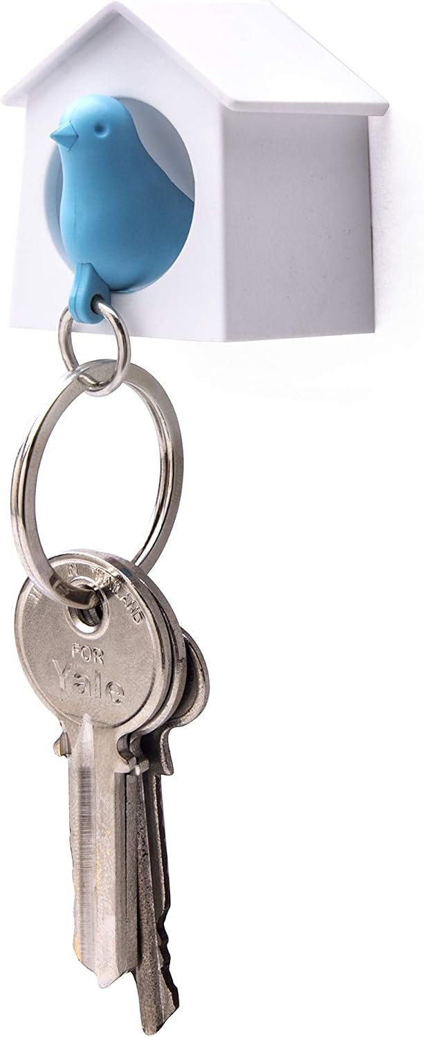 QUALY White-Blue Birdhouse keyholder with Mini Sparrow Bird Keyring ...
