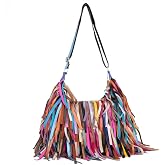 Segater Women Multicolour Handbag Sheepskin Patchwork Shoulder Bag Colorful Tassel Purse