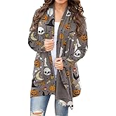 Women's Halloween Pumpkin Cat Print Knitting Cardigan Long Sleeve Open Front Knitted Sweater Outwear Coat Tops (Deep Gray
