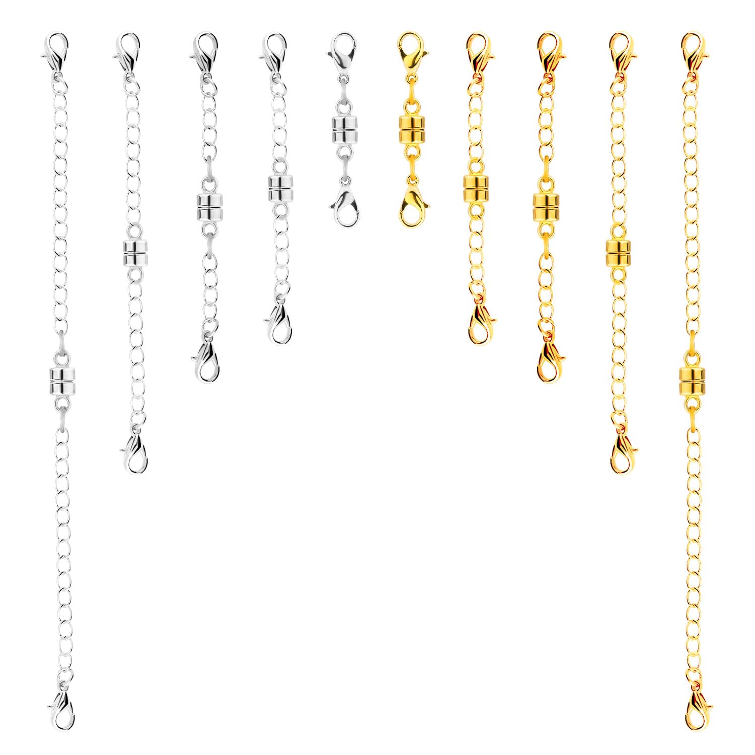 10pcs Magnetic Necklace Clasps, Double Clasp Magnetic Necklace Extenders Adjustable Lobster Clasp Necklace Extender Extension Safety Chains for Bracelet Anklet Jewelry Making