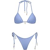 VOLAFA Women's Triangle Bikini Set Multiway Fishnet Tie Side Halter String Solid Cheeky Two Piece Swimsuit Bathing Suit