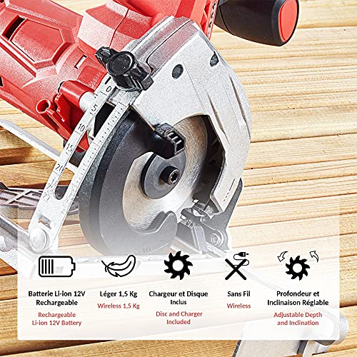 Kabellose Mini-Kreissäge mit Führungsschiene - Wiederaufladbare 12V Batterie - Maximale Schnitttiefe 26mm (90°), 18mm… – Bild 3