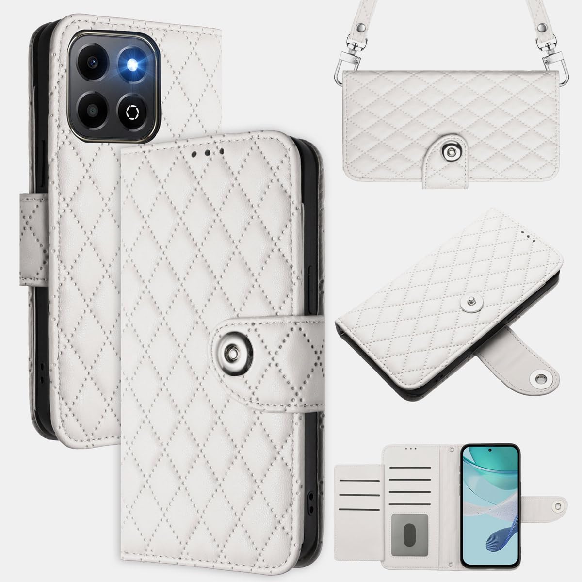 MOJIA Flip Case for Honor X6b 4G, PU Leather Wallet Case Flip Phone Cover, Card Holder Multifunctional Case with Wrist and Shoulder Strap. White