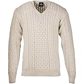 Aran Woollen Mills Traditional Men's 100% Pure Merino Wool Knit Irish Aran V-Neck Sweater Natural Made in Ireland