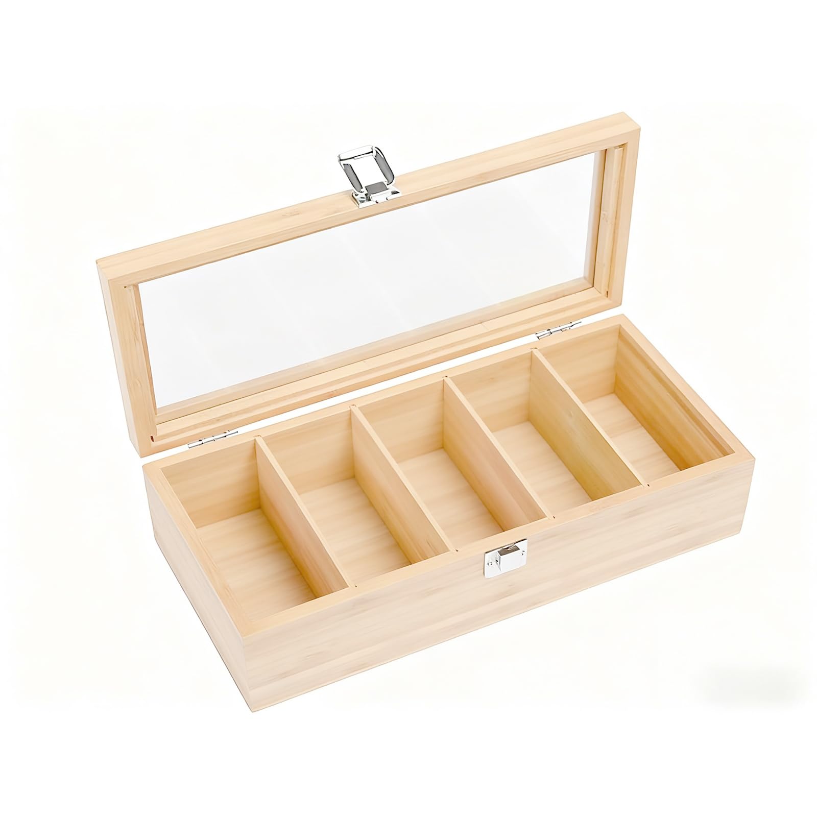CMOISO Tea Box Bamboo, 5-Compartment Multifunctional Wooden Tea Storage Box with Transparent Lid (30x10x9cm)