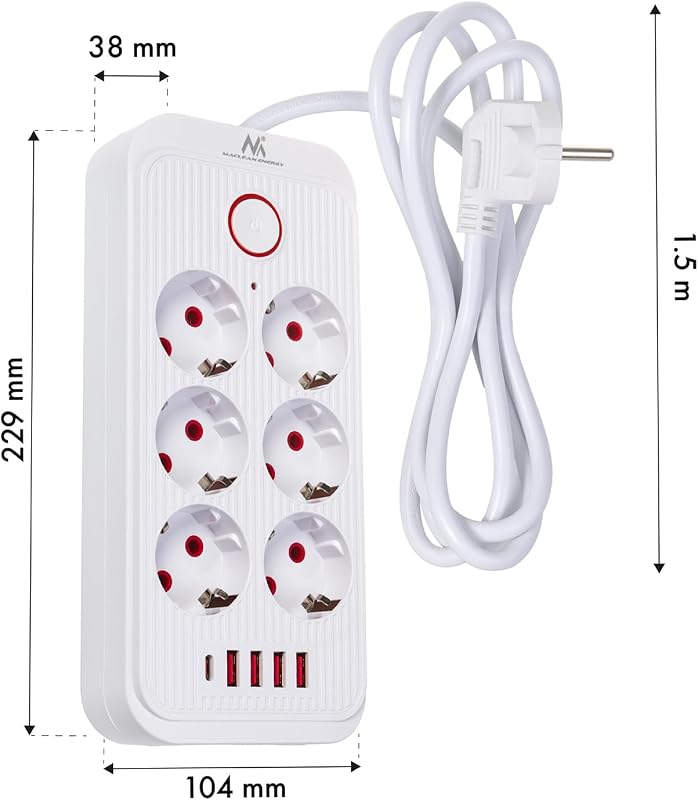 Regleta MCE389/391 | 6 Conectores 4xUSB 1xUSB-C 2500W | Cable de extensión de Escritorio con Interruptor | Puertos 45° | Montado en la Pared (Blanco, 1,5 m)