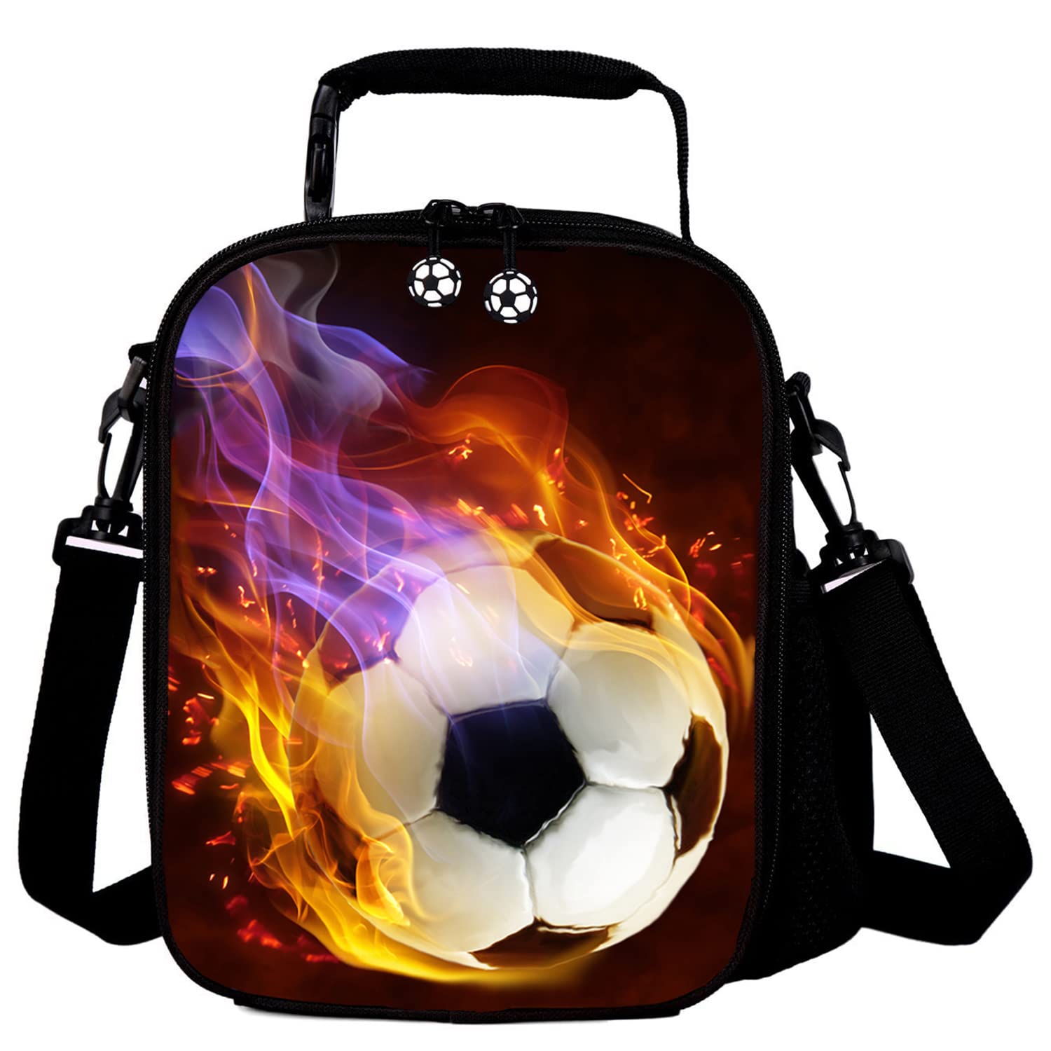 GOXUNYUAN Kids 3D Football Printed Lunch Bags Reusable Cooler Warm Tote Lunch Box with Drink Bottle Holder Children Portable Shoulder Strap Thermal Picnic Bags for Boys Girls