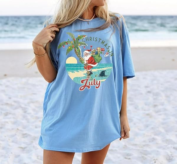 CHRISTMAS JULY SHIRT HAWAIIAN SHIRTS: WOMEN CHRISTMAS SANTA XMAS LIGHTS GRAPHIC TEE SUMMER BEACH VACATION OVERSIZED TOPS BLUE