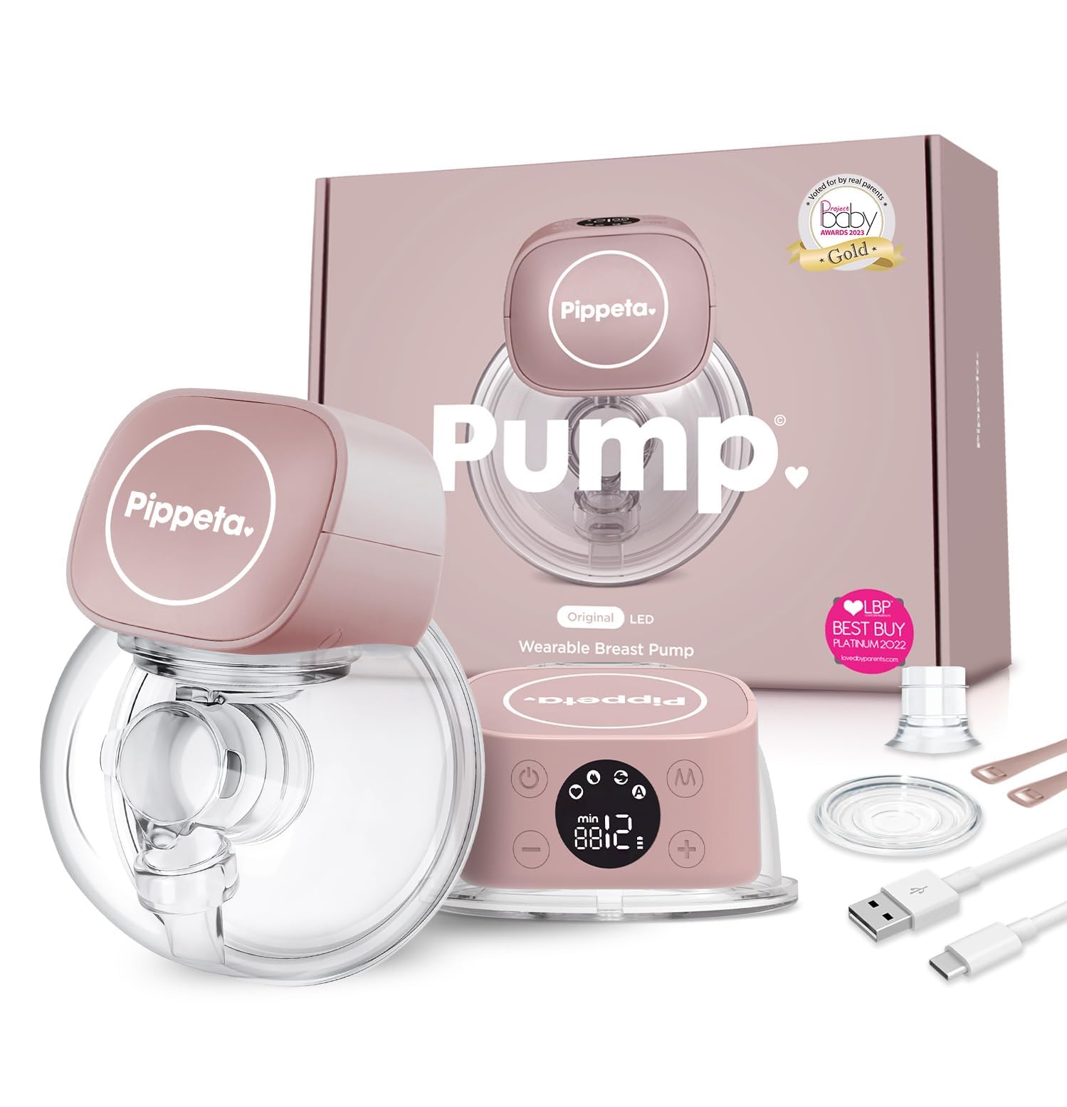 Pippeta - Wearable Breast Pump, Hands-Free Design with 12 Adjustable Suction Modes & Auto Timer - 180ml Capacity - Free from BPA, PVC, Lead & Phthalates - Ash Rose