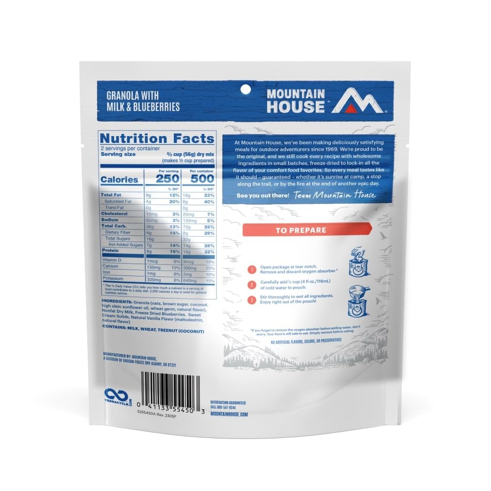 Mountain House Granola with Milk & Blueberries | Freeze Dried Backpacking & Camping Food | Vegetarian | 2 Servings
