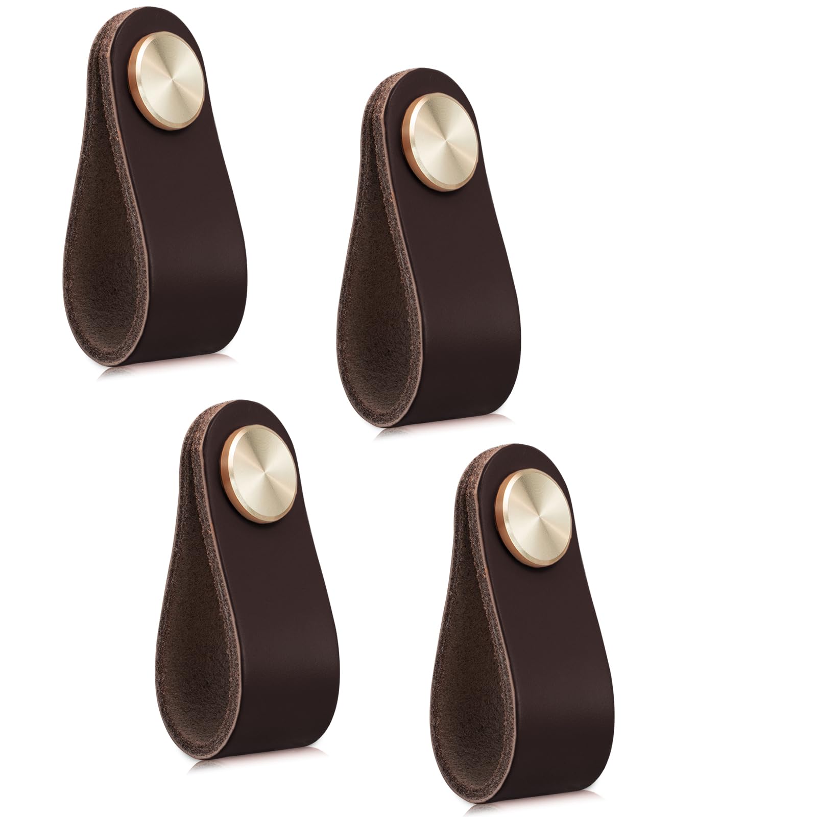 LEREATI 4pcs Leather Drawer Handles Drawer Knobs Kitchen Cupboard Handles, Leather Drawer Pulls for Cupboards, Wardrobe, Dresser, Closet (Dark Brown, Single Hole)
