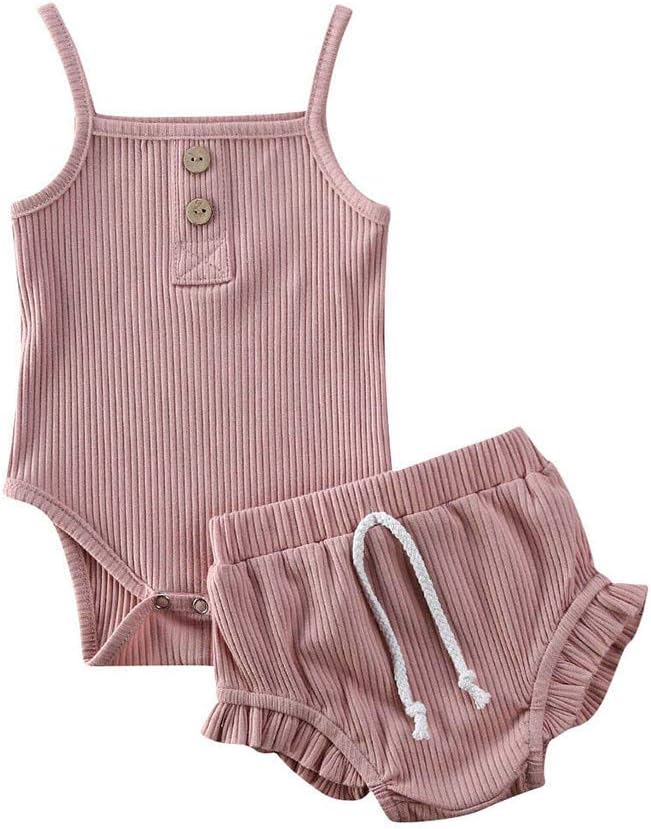 Aimik Newborn Romper Outfits Set, Infant Baby Girls Summer Outfits Knit Halter Strap Solid Romper Tops Drawstring Shorts Cotton 2Pcs Clothes Pants Sets for 0-24 Months (0-3 Months, Pink)