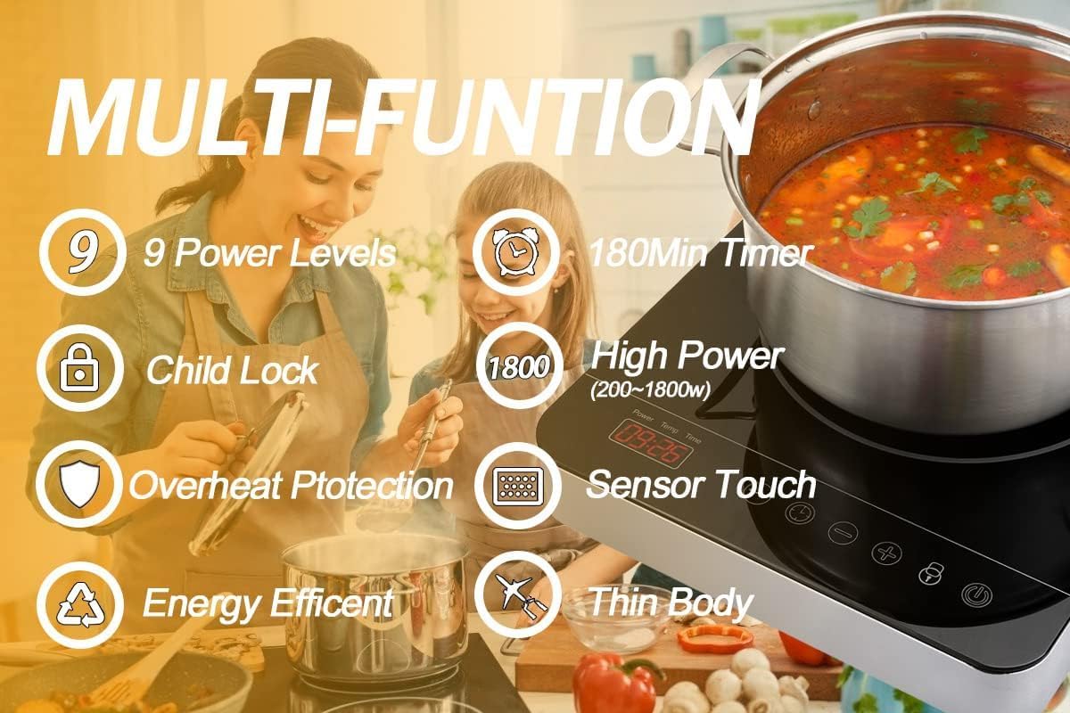 1800W Portable Induction Cooktop With 9 Power Levels, 3 Hours Timer, Child Safety Lock, Overheat Protection - Glass Electric Hot Plate (10.6'' x 12.2'' x 2.36'')