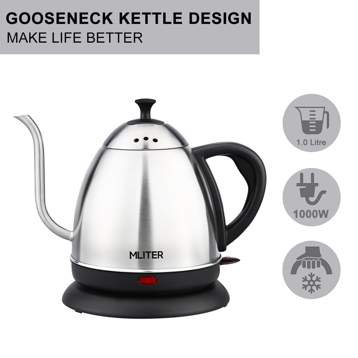 MLITER Electric Gooseneck Kettle Cordless Stainless Steel Drip Kettle