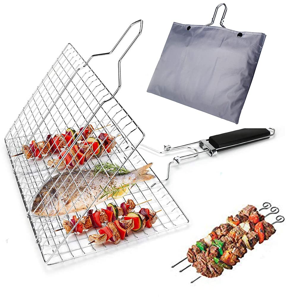 BRONG Grilling Basket Barbecue Portable Stainless Steel BBQ Grill Basket For Vegetables Fish Shrimp Steak with Wooden Handle Storage Bag 4 Kebab Skewers