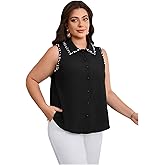OYOANGLE Women's Plus Size Pearl Beaded Button Down Tank Top Sleeveless Collared Vest