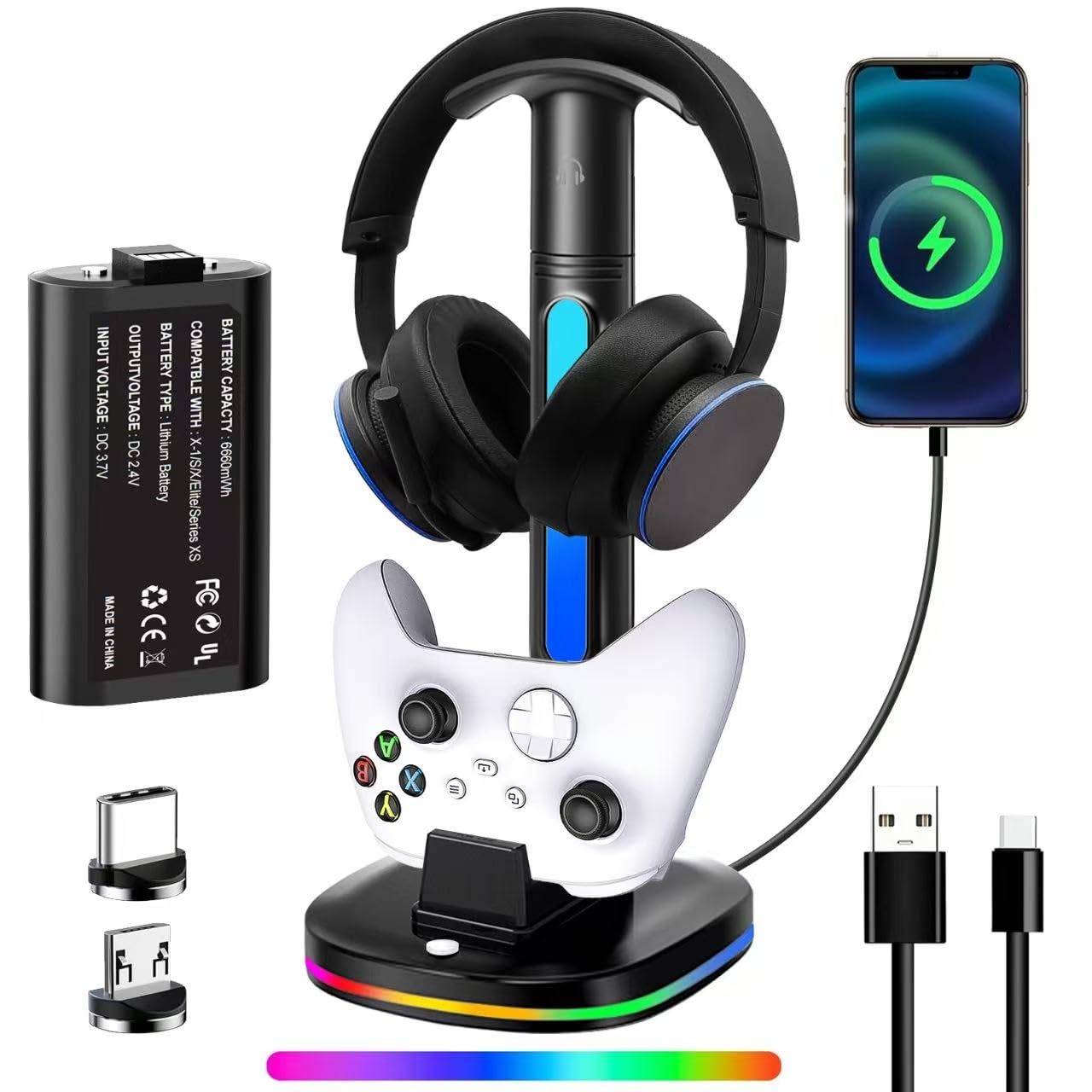 Xbox Headphone Stand with Controller Charger, RGB Xbox Controller Charging Station Headset Stand for Xbox Series X/S/One/One X/One S Charging, Equipped with 1 * 5180mWh Rechargeable Xbox Battery Pack